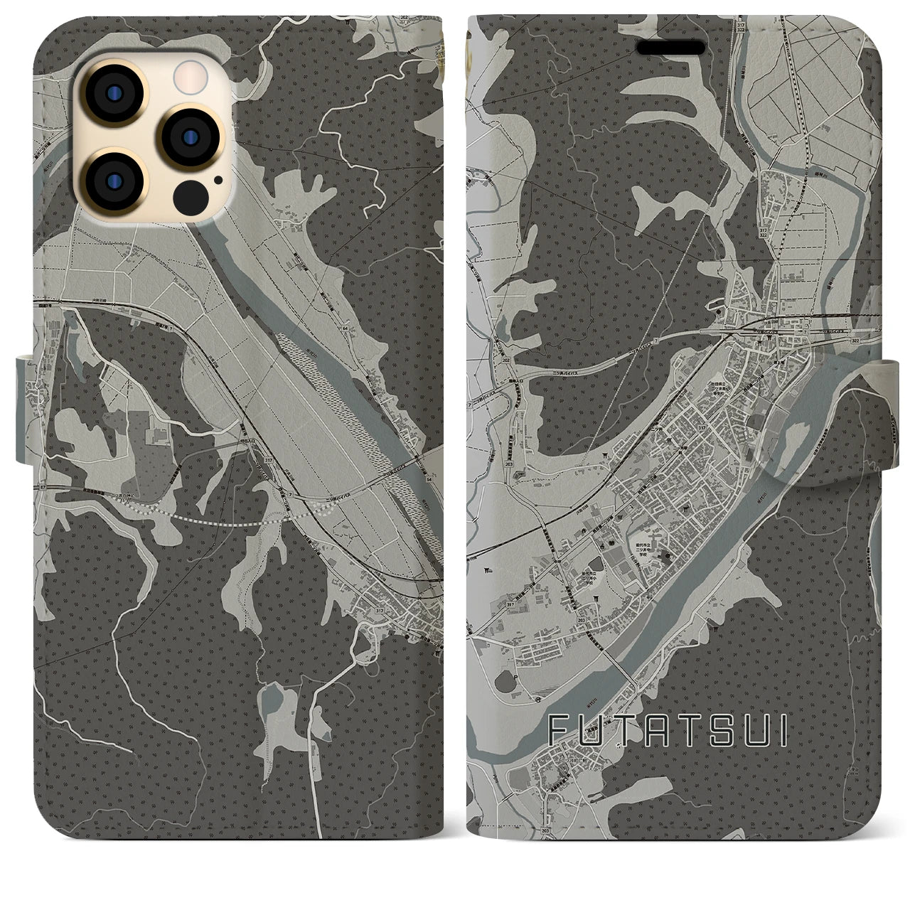 【二ツ井(秋田県)】地図柄iPhoneケース(手帳タイプ)モノトーン・iPhone 12 Pro Max 用