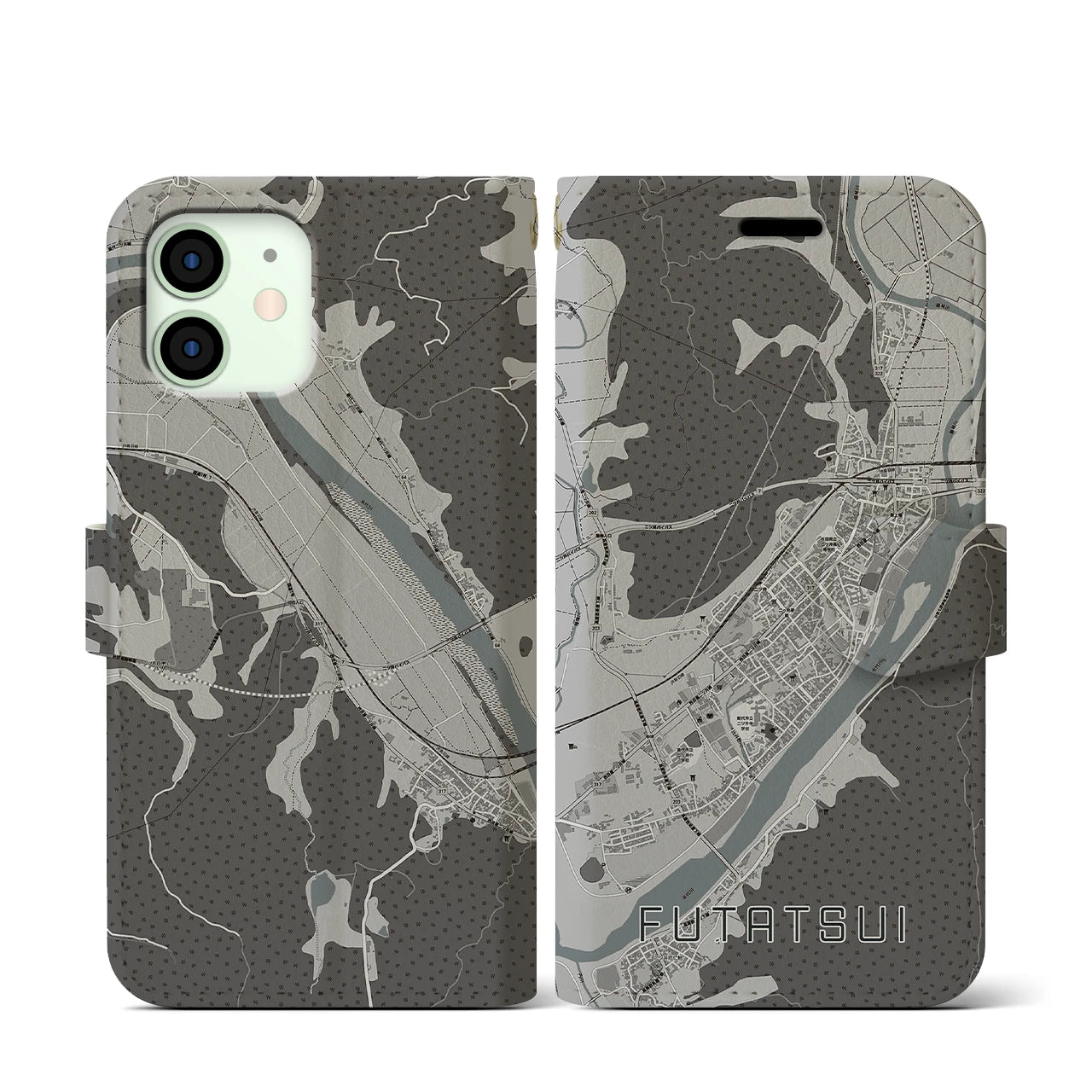 【二ツ井(秋田県)】地図柄iPhoneケース(手帳タイプ)モノトーン・iPhone 12 mini 用