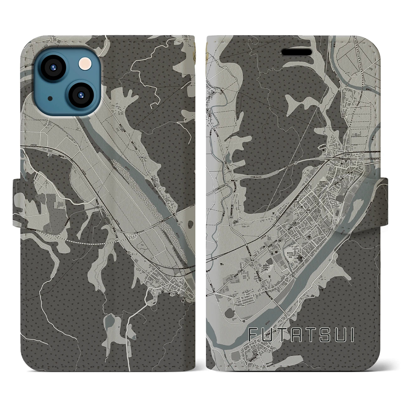 【二ツ井(秋田県)】地図柄iPhoneケース(手帳タイプ)モノトーン・iPhone 13 用