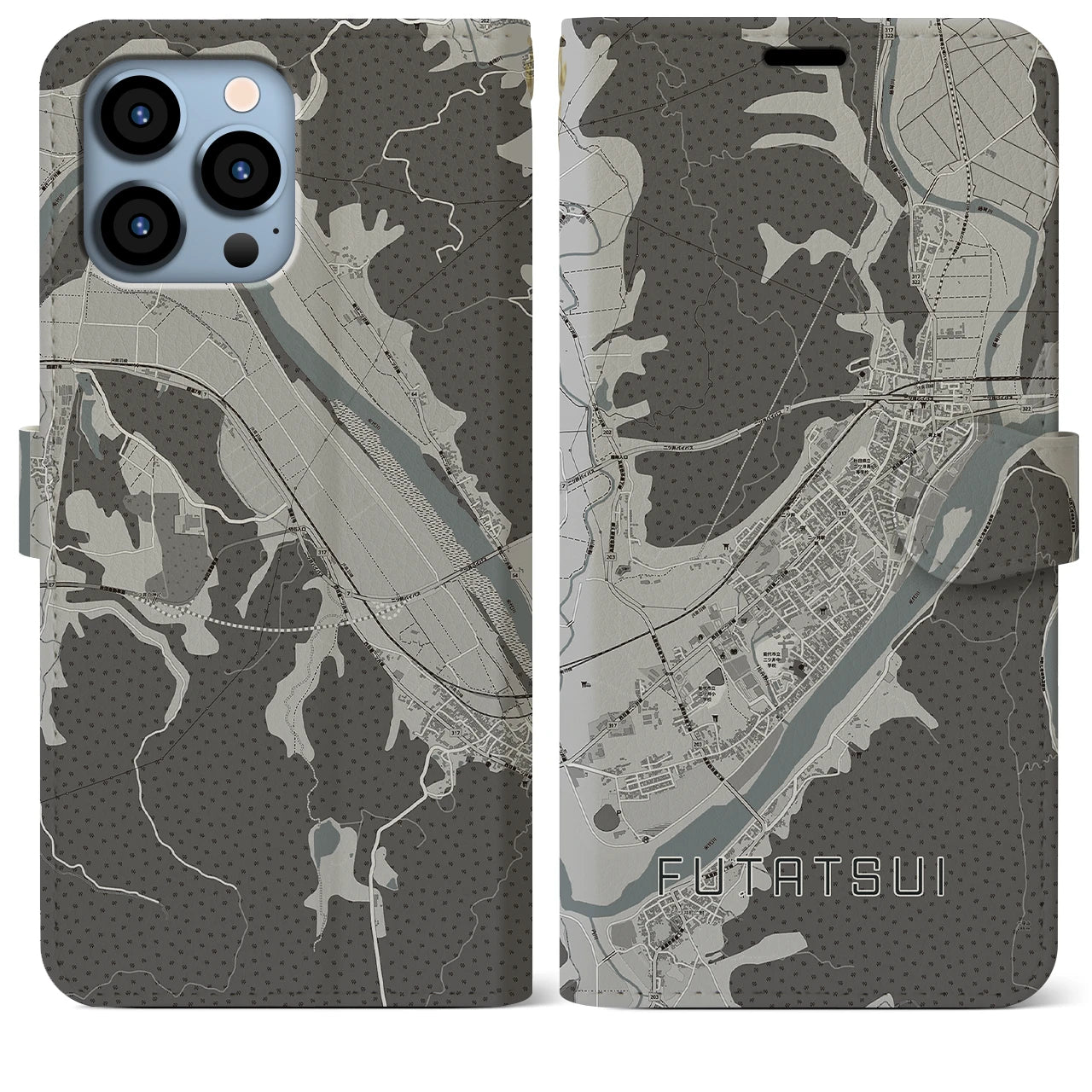 【二ツ井(秋田県)】地図柄iPhoneケース(手帳タイプ)モノトーン・iPhone 13 Pro Max 用