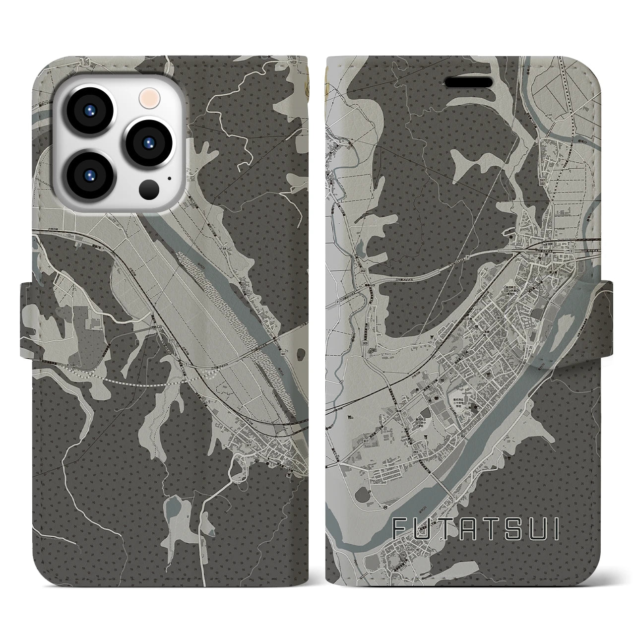 【二ツ井(秋田県)】地図柄iPhoneケース(手帳タイプ)モノトーン・iPhone 13 Pro 用