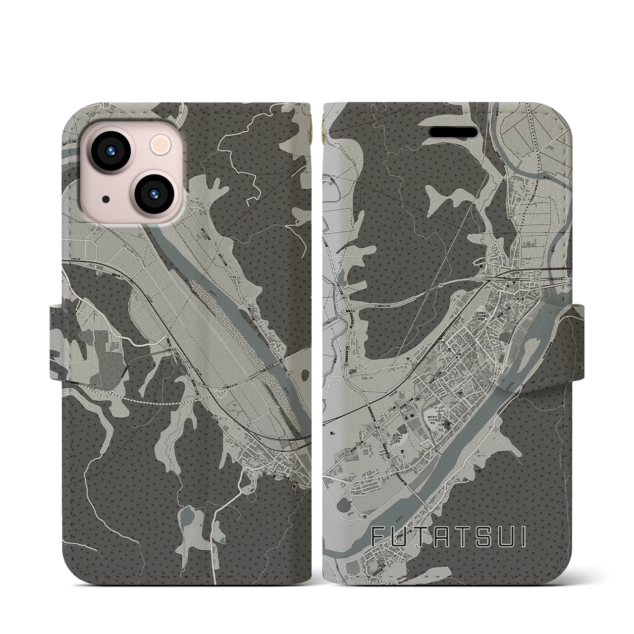 【二ツ井(秋田県)】地図柄iPhoneケース(手帳タイプ)モノトーン・iPhone 13 mini 用