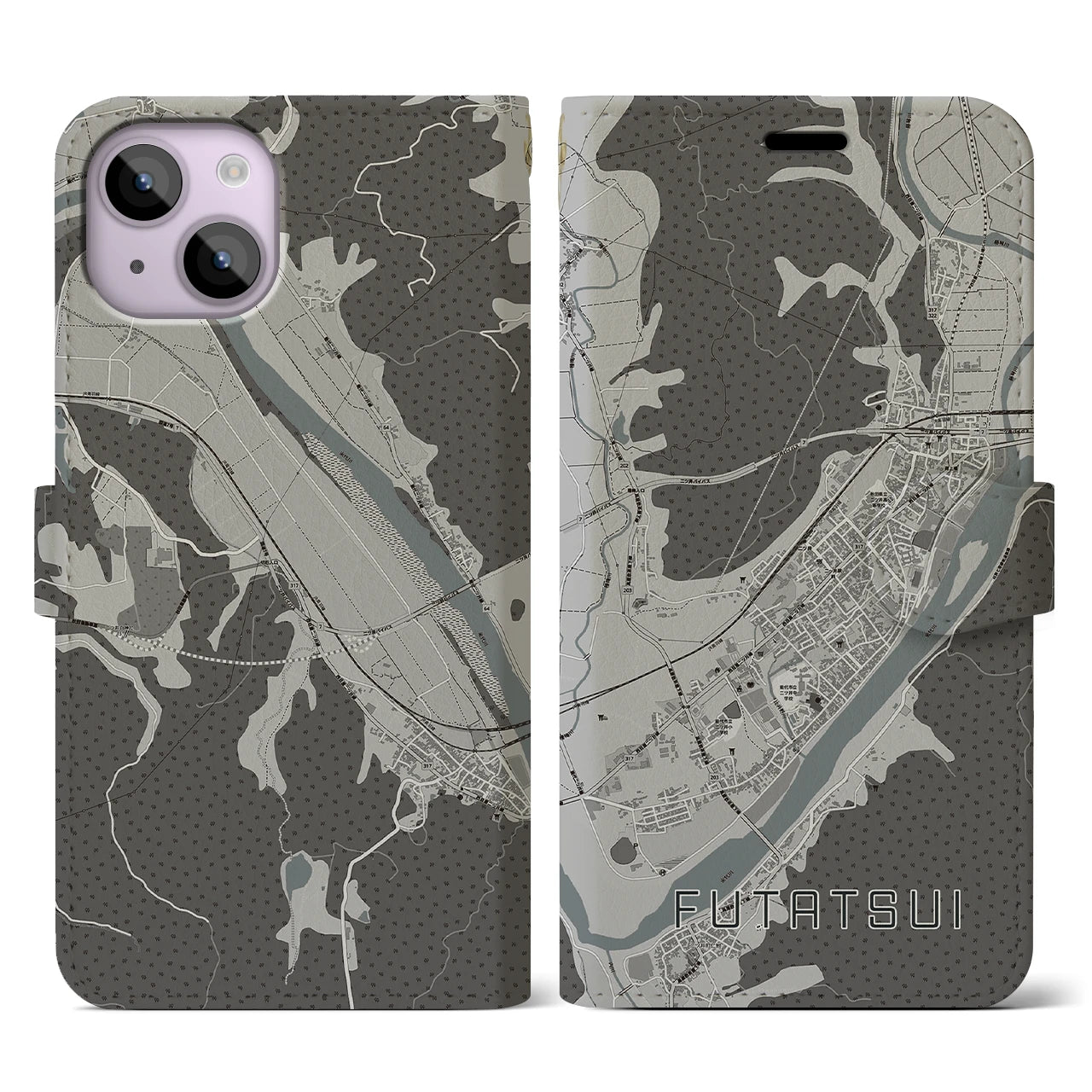 【二ツ井(秋田県)】地図柄iPhoneケース(手帳タイプ)モノトーン・iPhone 14 用