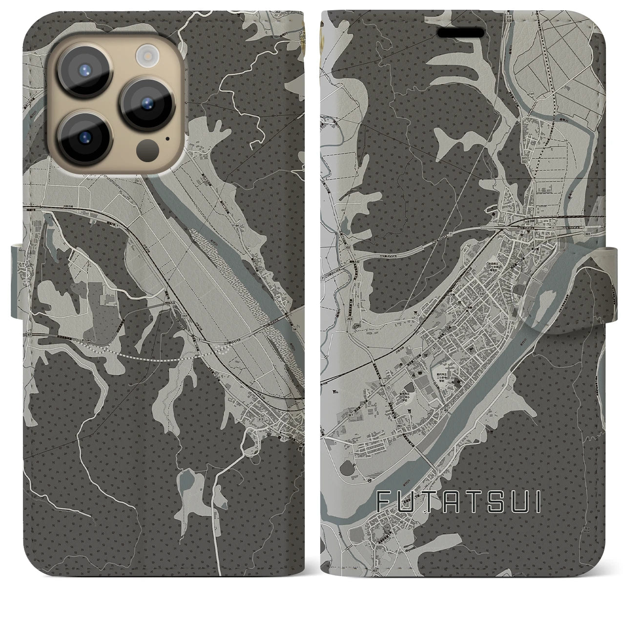 【二ツ井(秋田県)】地図柄iPhoneケース(手帳タイプ)モノトーン・iPhone 14 Pro Max 用