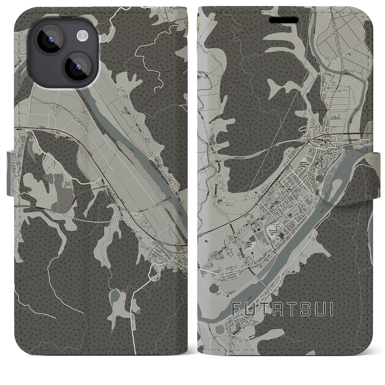 【二ツ井(秋田県)】地図柄iPhoneケース(手帳タイプ)モノトーン・iPhone 14 Plus 用