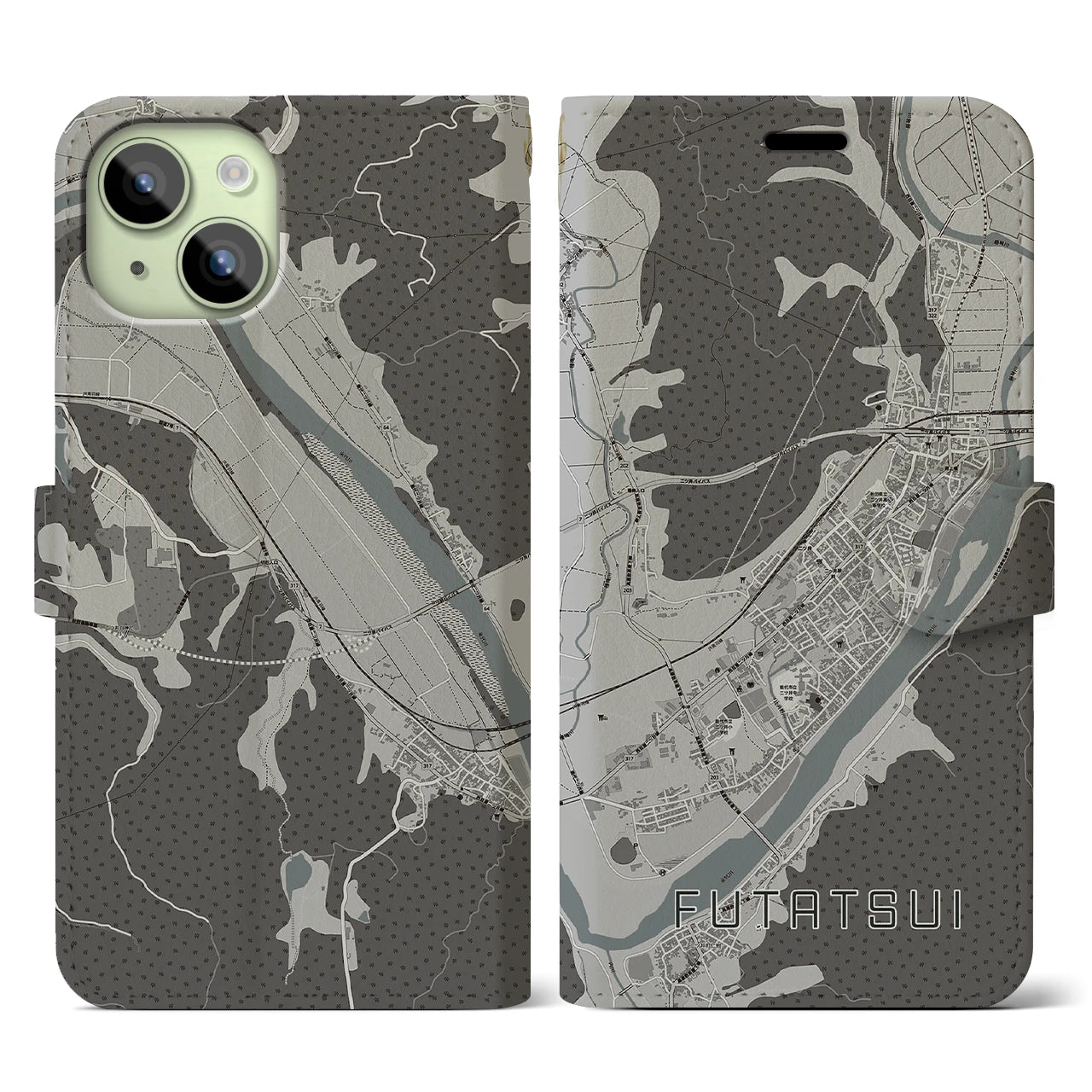 【二ツ井(秋田県)】地図柄iPhoneケース(手帳タイプ)モノトーン・iPhone 15 用