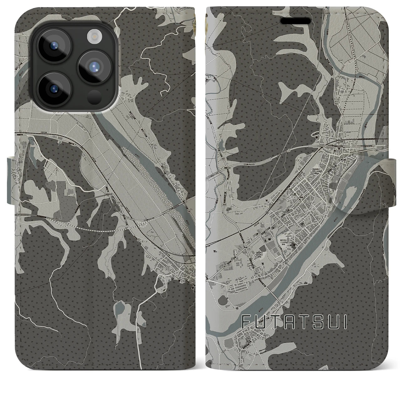 【二ツ井(秋田県)】地図柄iPhoneケース(手帳タイプ)モノトーン・iPhone 15 Pro Max 用