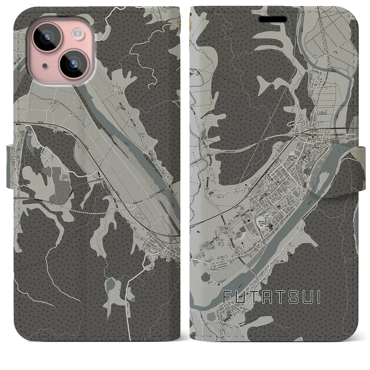 【二ツ井(秋田県)】地図柄iPhoneケース(手帳タイプ)モノトーン・iPhone 15 Plus 用