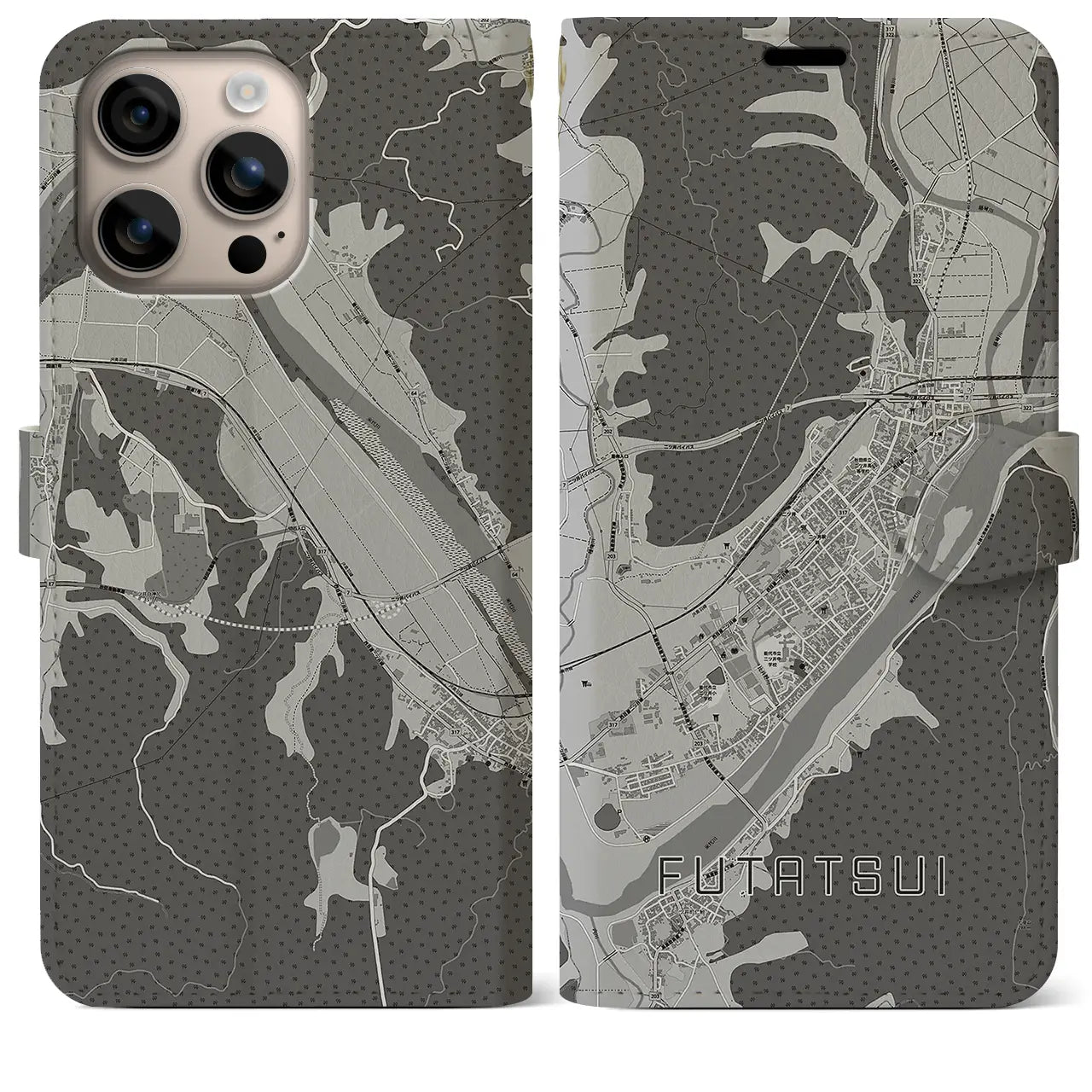 【二ツ井(秋田県)】地図柄iPhoneケース(手帳タイプ)モノトーン・iPhone 16 Plus 用