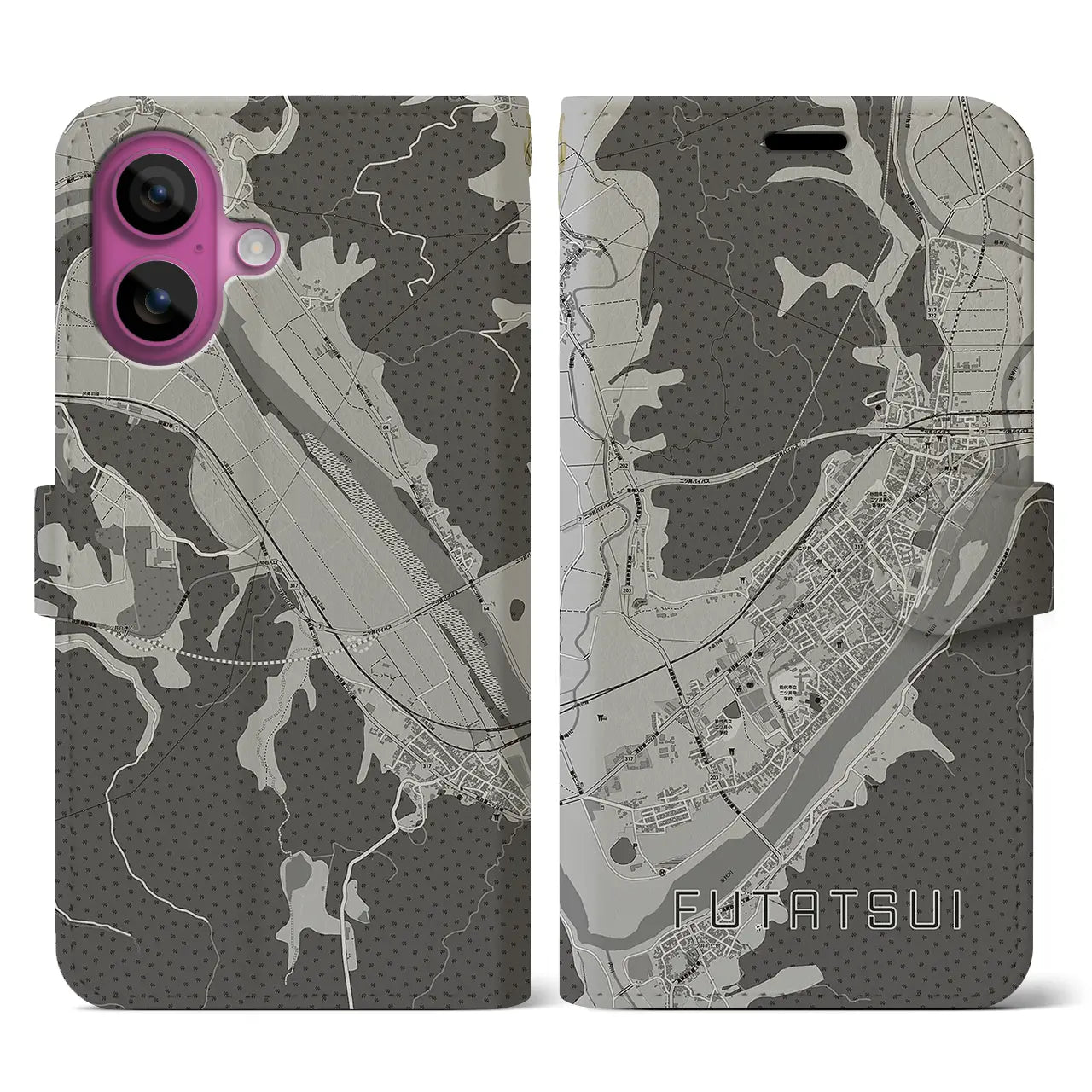 【二ツ井(秋田県)】地図柄iPhoneケース(手帳タイプ)モノトーン・iPhone 16 Pro 用