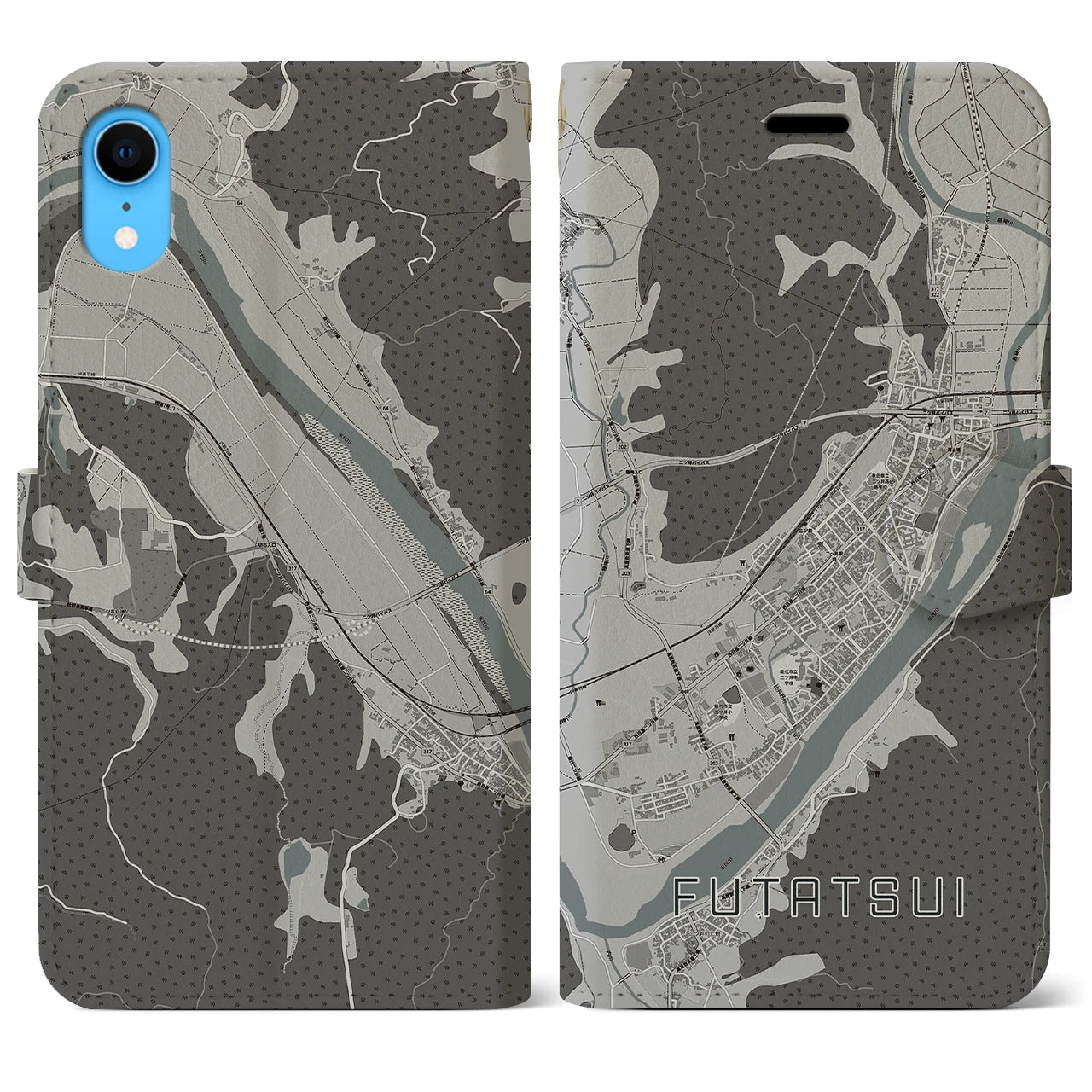 【二ツ井(秋田県)】地図柄iPhoneケース(手帳タイプ)モノトーン・iPhone XR 用
