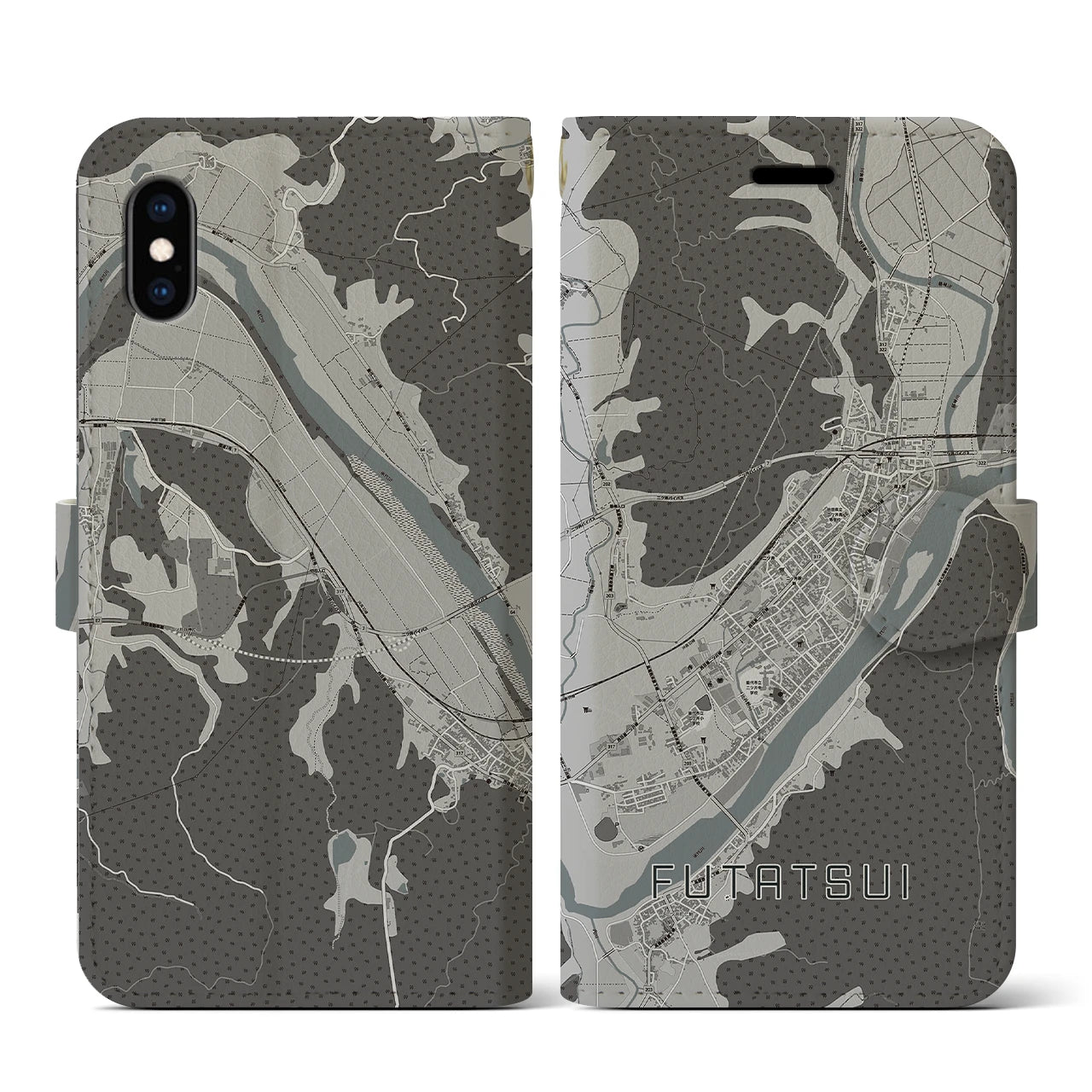 【二ツ井(秋田県)】地図柄iPhoneケース(手帳タイプ)モノトーン・iPhone XS / X 用