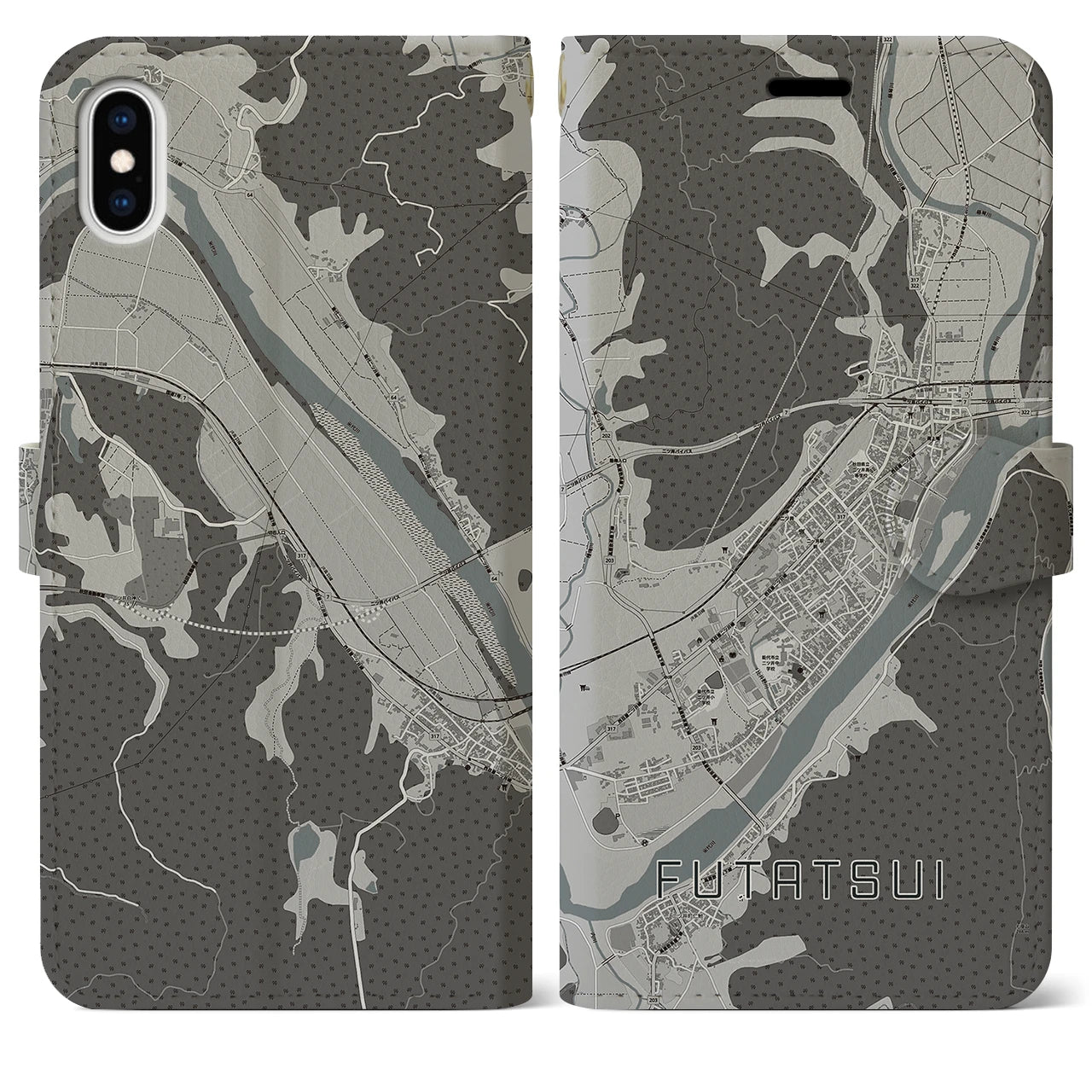 【二ツ井(秋田県)】地図柄iPhoneケース(手帳タイプ)モノトーン・iPhone XS Max 用