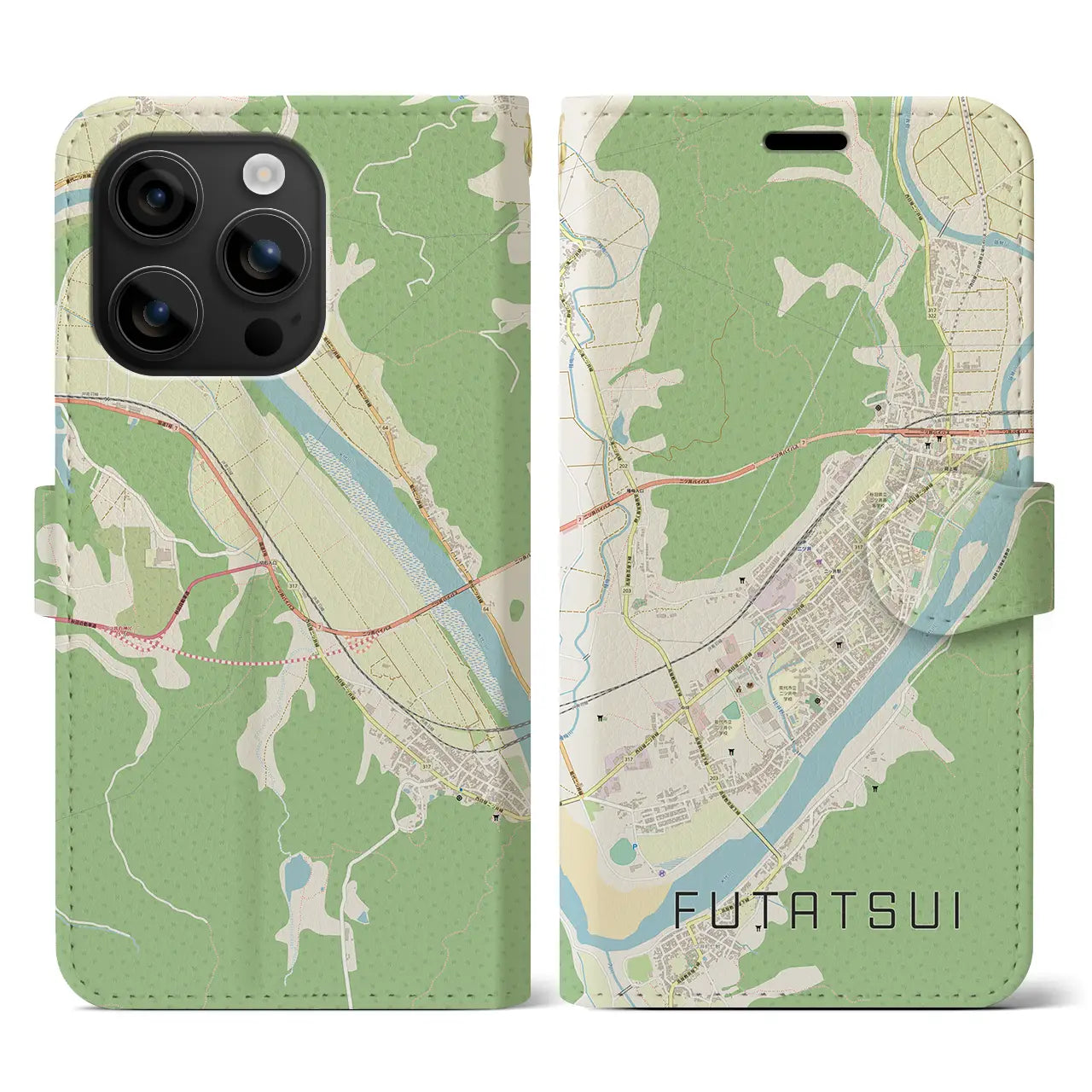 【二ツ井(秋田県)】地図柄iPhoneケース(手帳タイプ)ナチュラル・iPhone 16 用