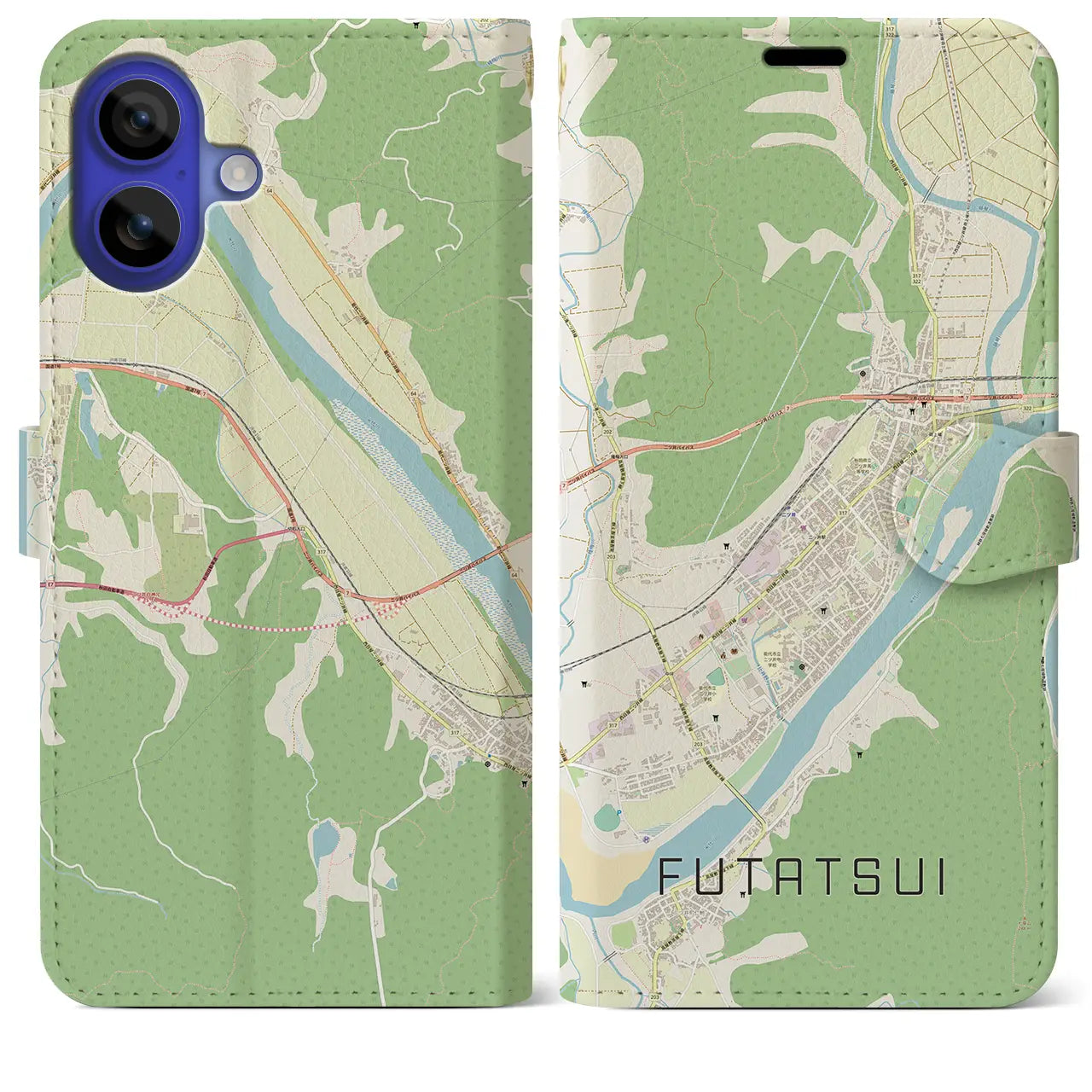 【二ツ井(秋田県)】地図柄iPhoneケース(手帳タイプ)ナチュラル・iPhone 16 Pro Max 用