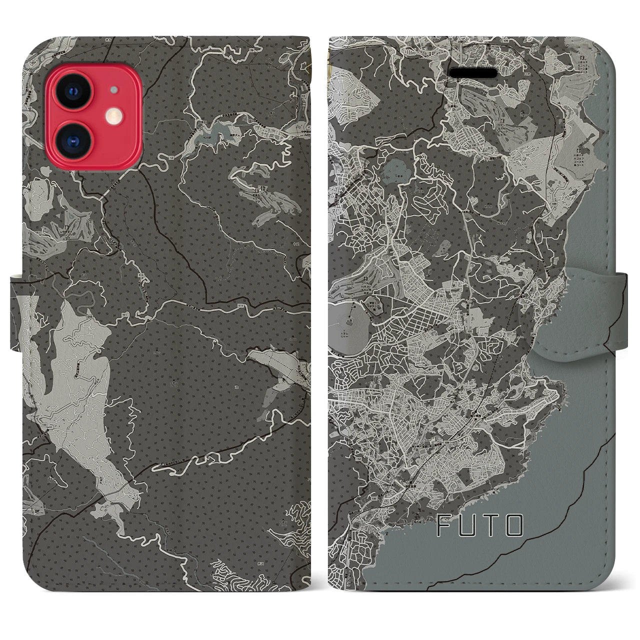 【富戸(静岡県)】地図柄iPhoneケース(手帳タイプ)モノトーン・iPhone 11 用