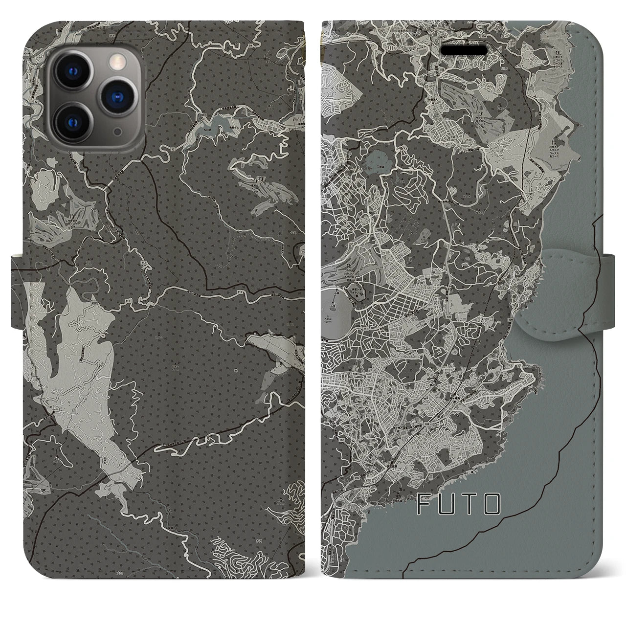 【富戸(静岡県)】地図柄iPhoneケース(手帳タイプ)モノトーン・iPhone 11 Pro Max 用