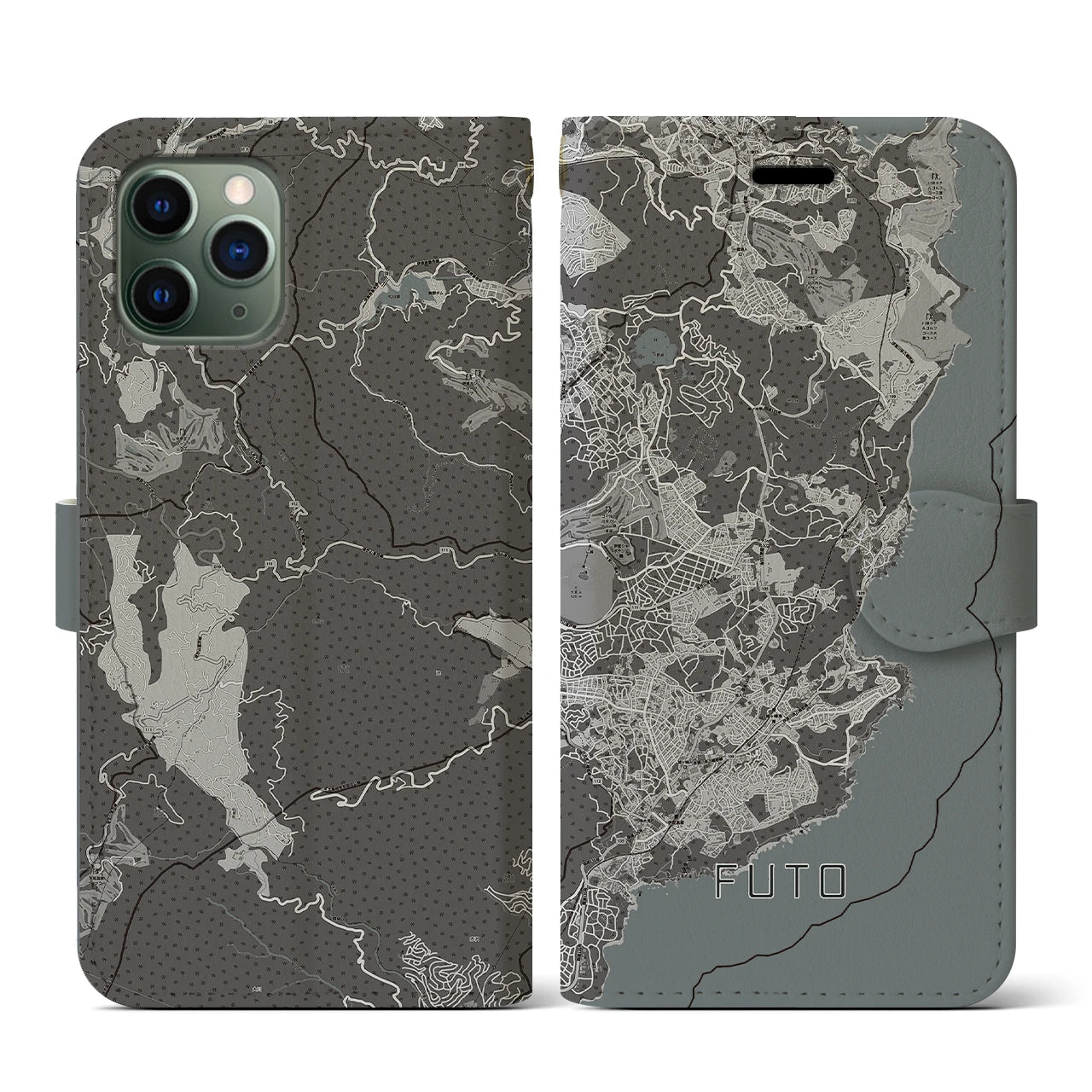 【富戸(静岡県)】地図柄iPhoneケース(手帳タイプ)モノトーン・iPhone 11 Pro 用