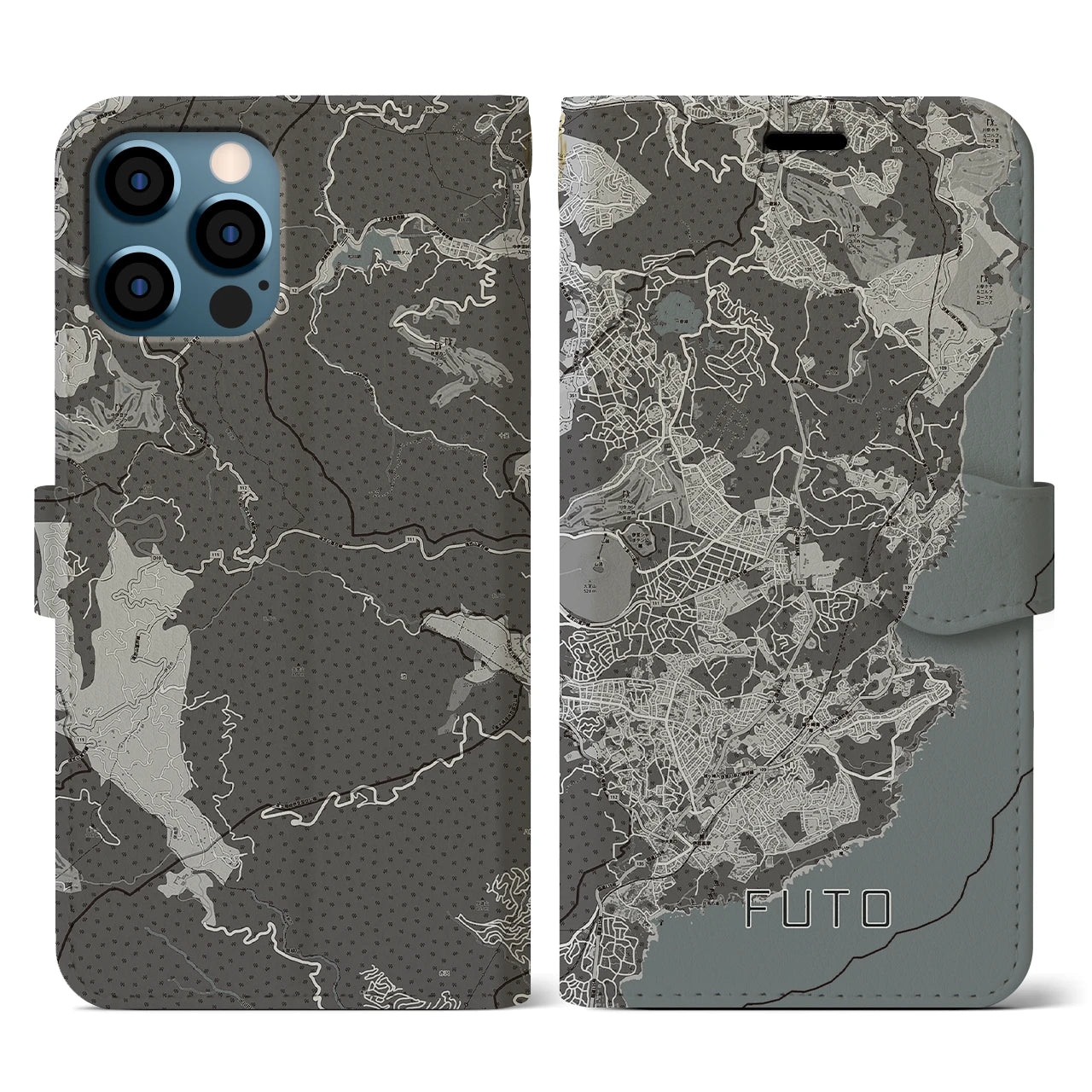 【富戸(静岡県)】地図柄iPhoneケース(手帳タイプ)モノトーン・iPhone 12 / 12 Pro 用