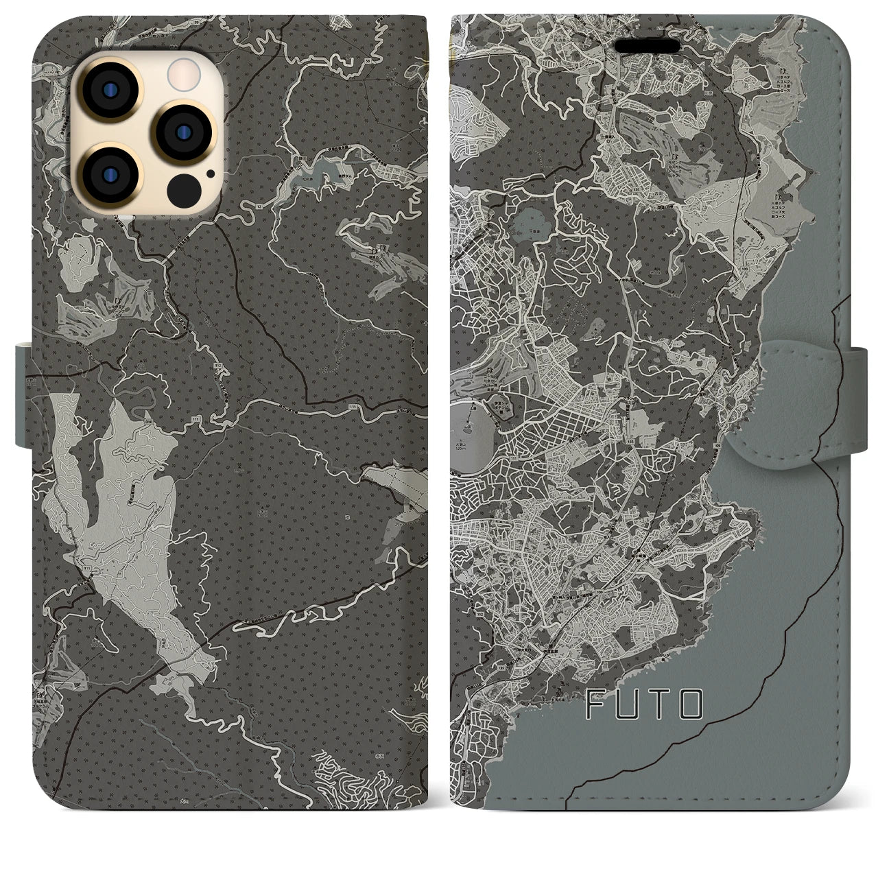【富戸(静岡県)】地図柄iPhoneケース(手帳タイプ)モノトーン・iPhone 12 Pro Max 用