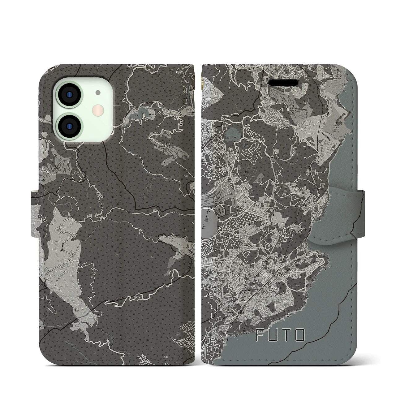 【富戸(静岡県)】地図柄iPhoneケース(手帳タイプ)モノトーン・iPhone 12 mini 用