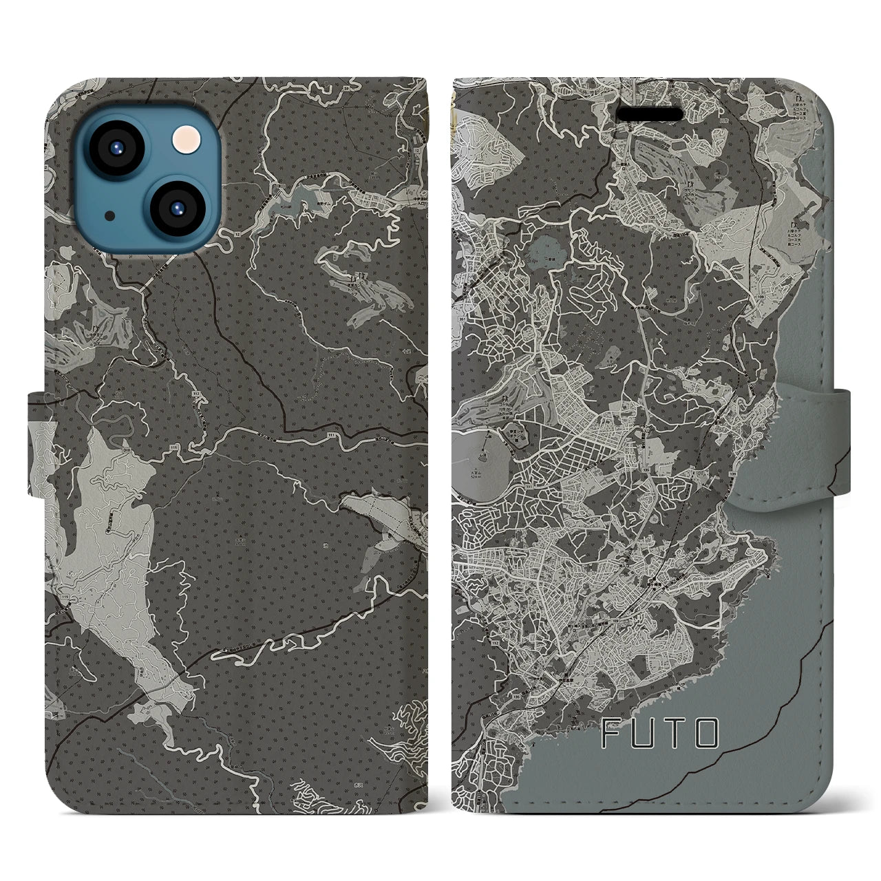 【富戸(静岡県)】地図柄iPhoneケース(手帳タイプ)モノトーン・iPhone 13 用
