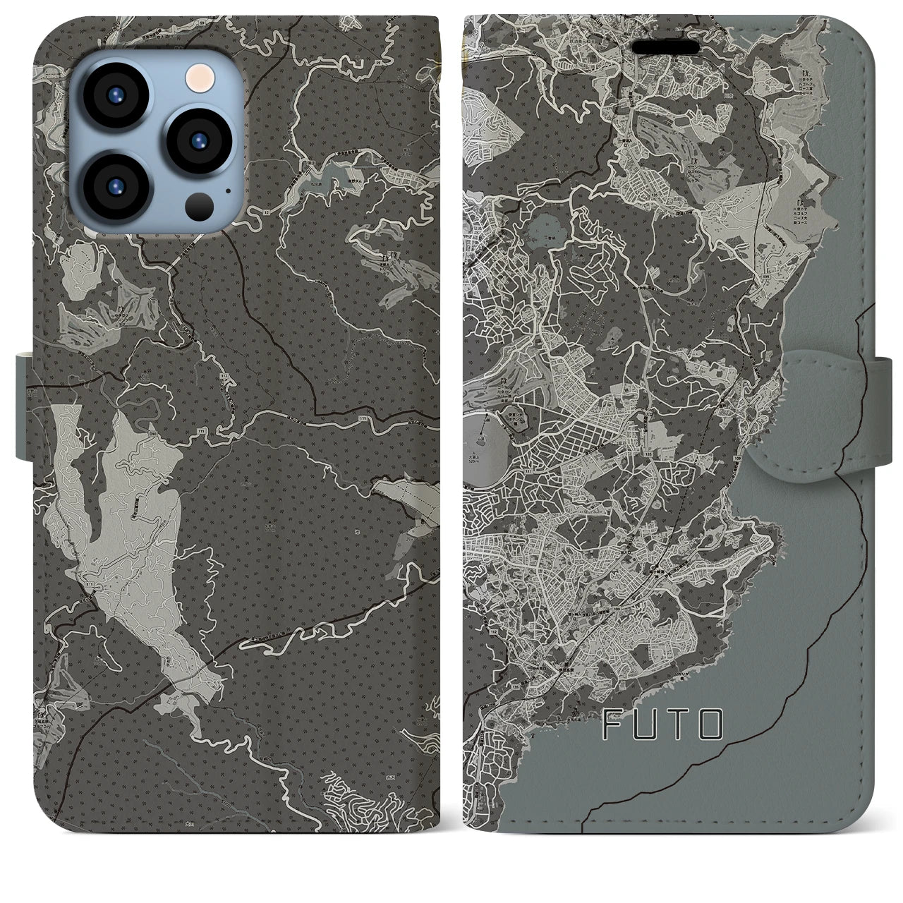 【富戸(静岡県)】地図柄iPhoneケース(手帳タイプ)モノトーン・iPhone 13 Pro Max 用