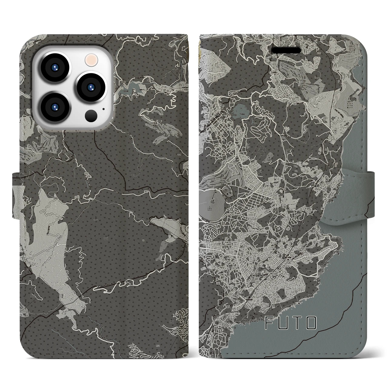 【富戸(静岡県)】地図柄iPhoneケース(手帳タイプ)モノトーン・iPhone 13 Pro 用