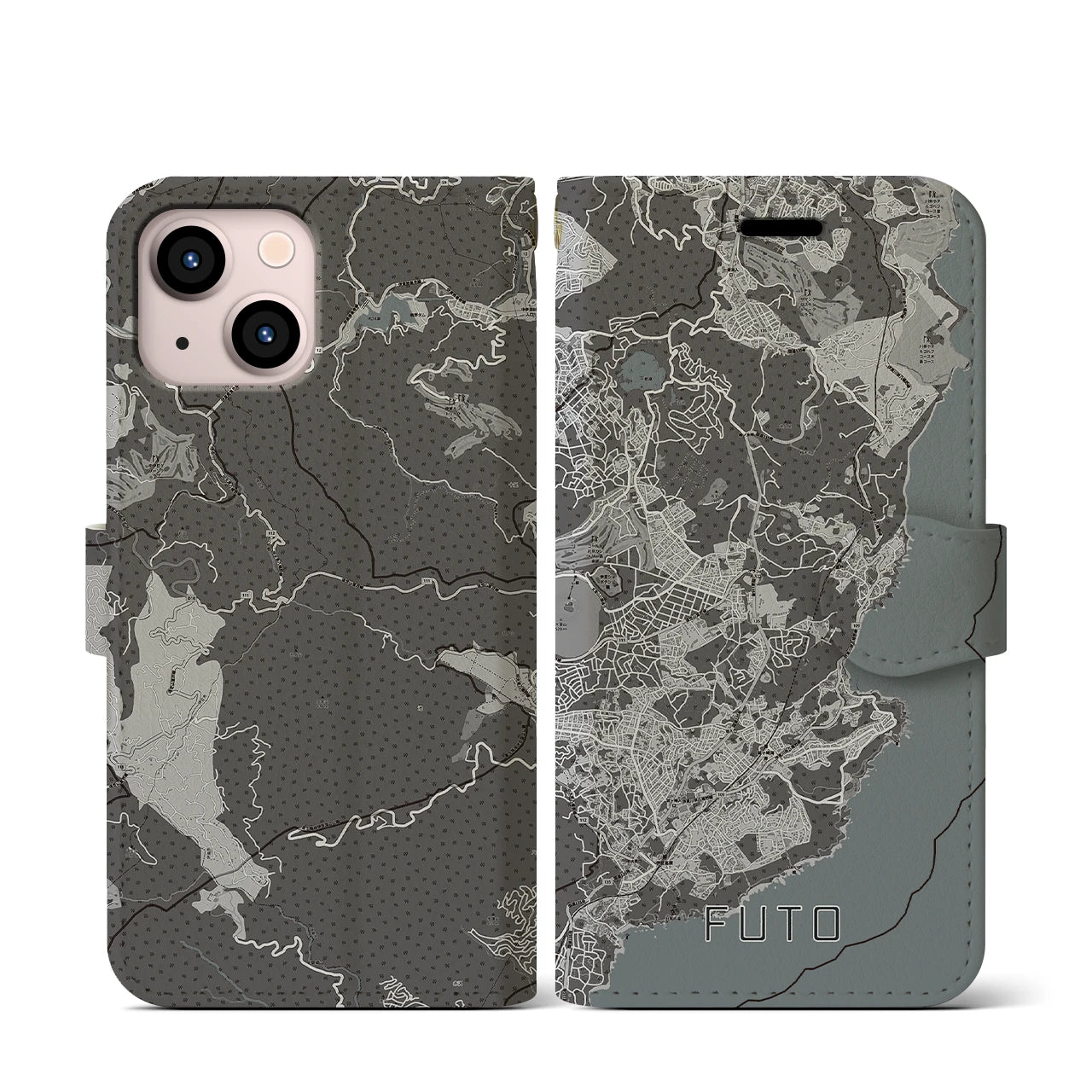 【富戸(静岡県)】地図柄iPhoneケース(手帳タイプ)モノトーン・iPhone 13 mini 用