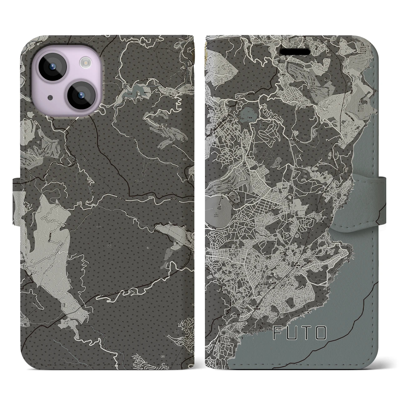 【富戸(静岡県)】地図柄iPhoneケース(手帳タイプ)モノトーン・iPhone 14 用