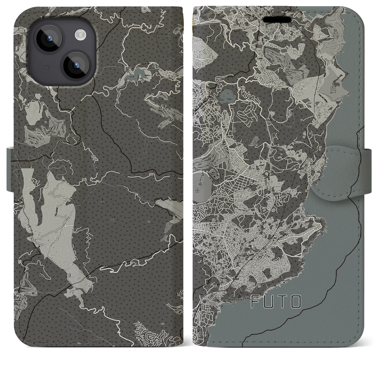 【富戸(静岡県)】地図柄iPhoneケース(手帳タイプ)モノトーン・iPhone 14 Plus 用