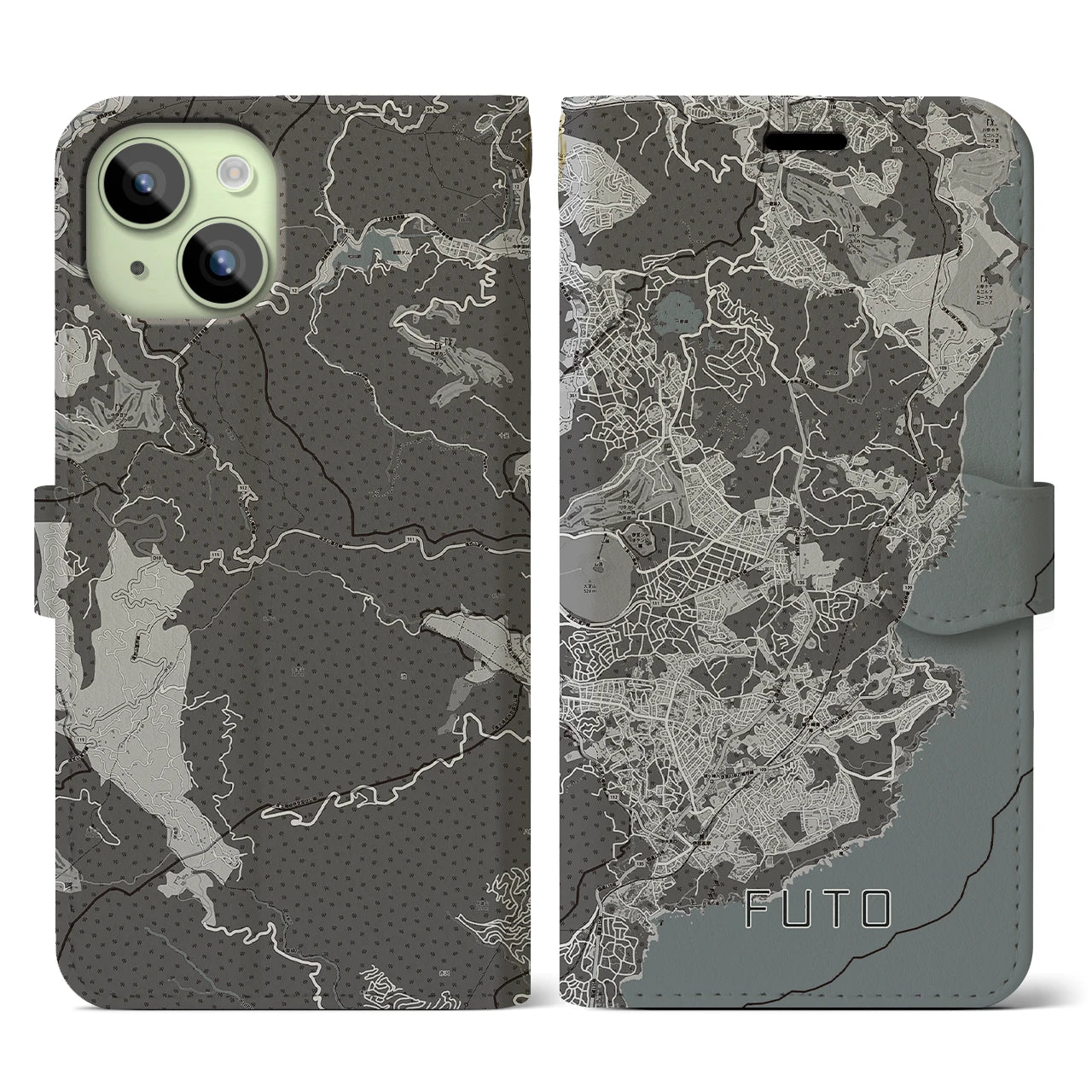 【富戸(静岡県)】地図柄iPhoneケース(手帳タイプ)モノトーン・iPhone 15 用