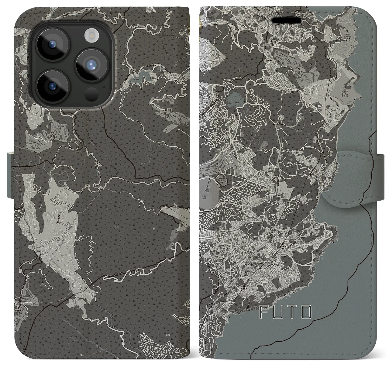 【富戸(静岡県)】地図柄iPhoneケース(手帳タイプ)モノトーン・iPhone 15 Pro Max 用