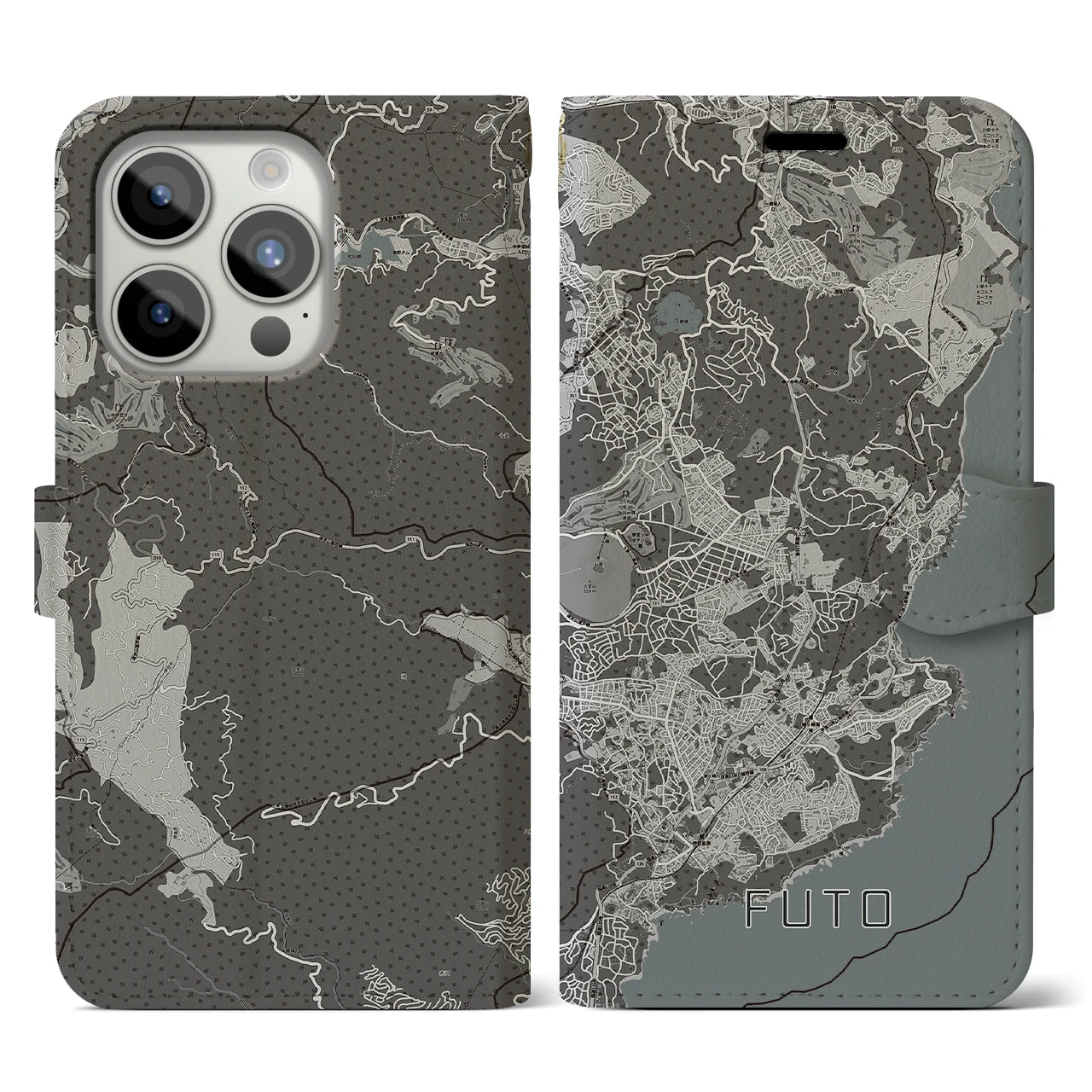 【富戸(静岡県)】地図柄iPhoneケース(手帳タイプ)モノトーン・iPhone 15 Pro 用
