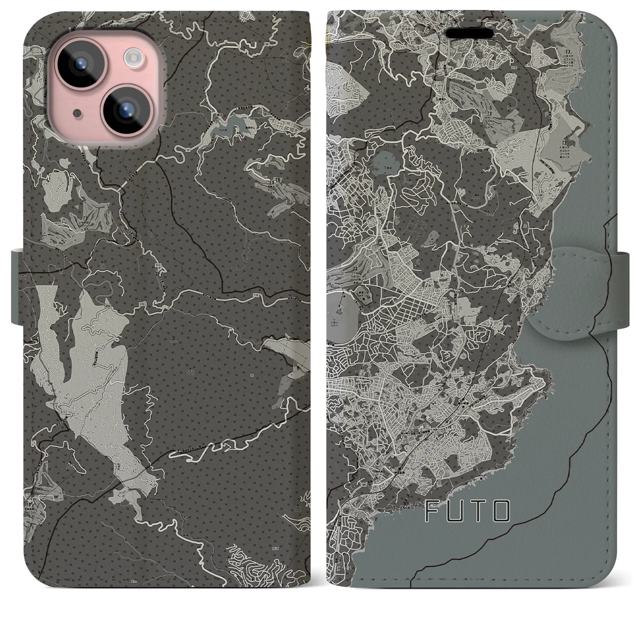 【富戸(静岡県)】地図柄iPhoneケース(手帳タイプ)モノトーン・iPhone 15 Plus 用