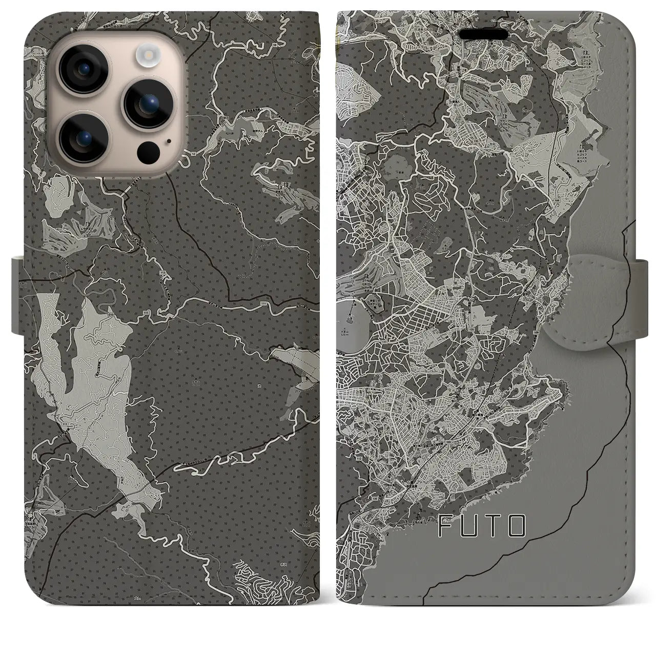 【富戸(静岡県)】地図柄iPhoneケース(手帳タイプ)モノトーン・iPhone 16 Plus 用