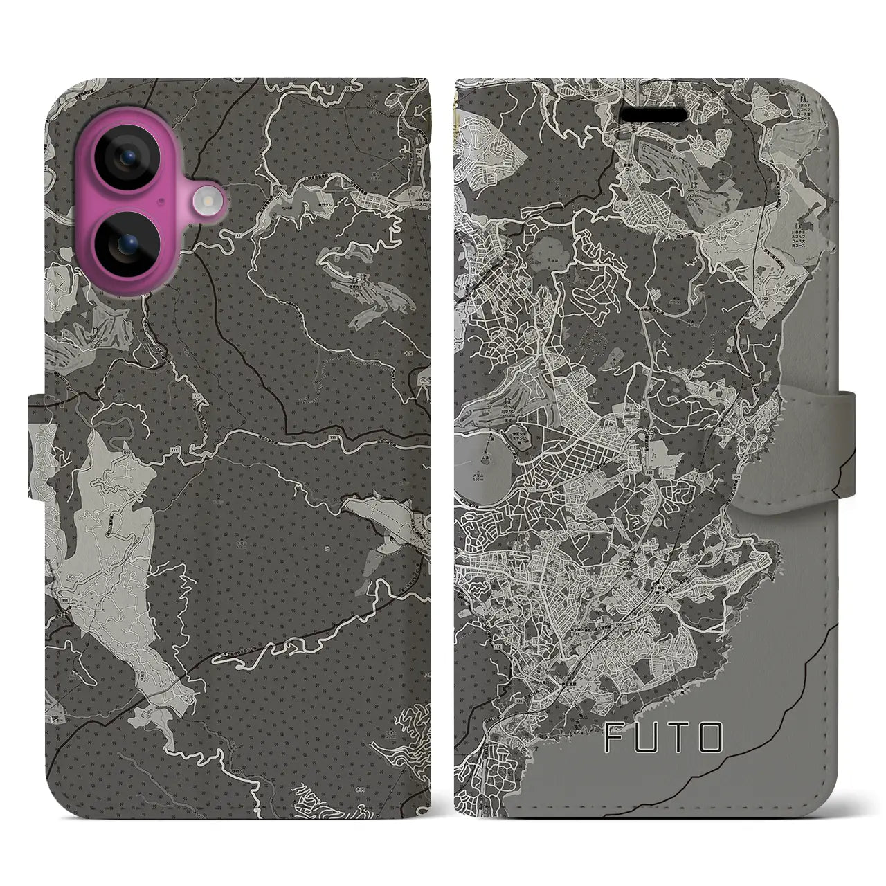 【富戸(静岡県)】地図柄iPhoneケース(手帳タイプ)モノトーン・iPhone 16 Pro 用