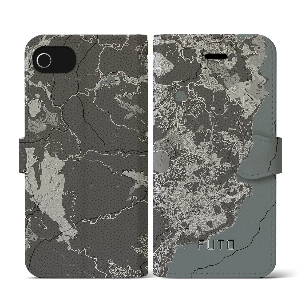 【富戸(静岡県)】地図柄iPhoneケース(手帳タイプ)モノトーン・iPhone SE(第3 / 第2世代) / 8 / 7 / 6s / 6 用