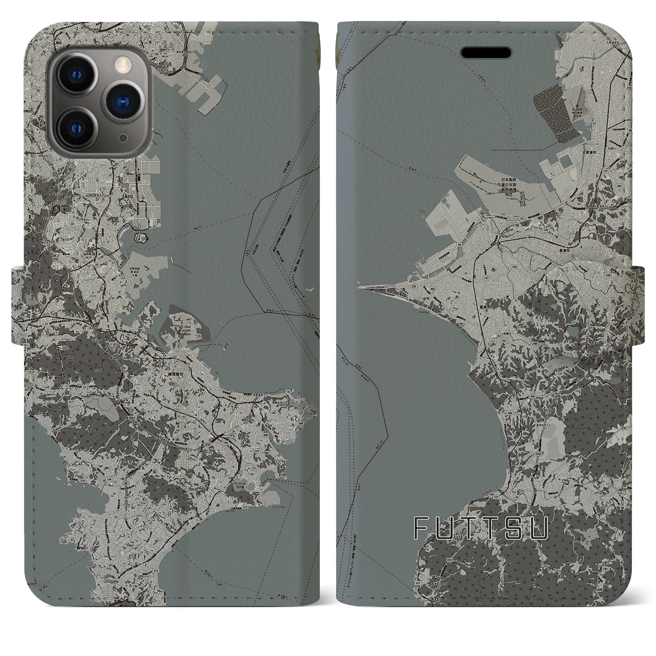 【富津(千葉県)】地図柄iPhoneケース(手帳タイプ)モノトーン・iPhone 11 Pro Max 用