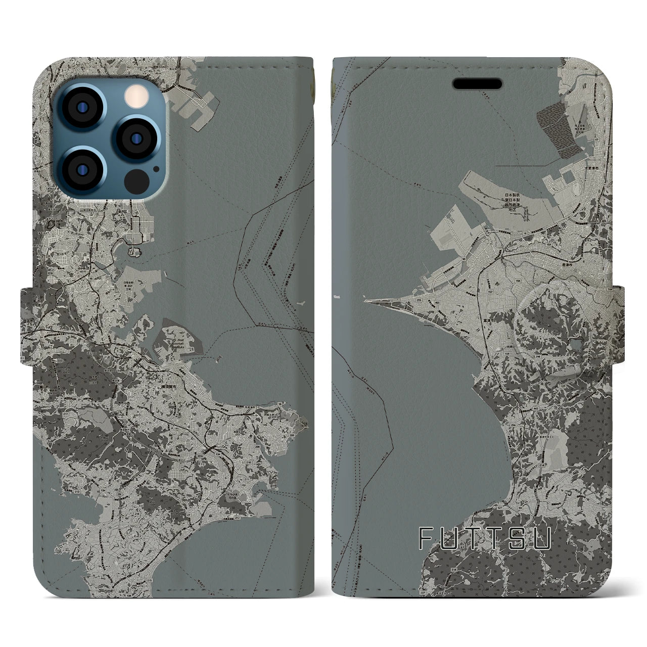 【富津(千葉県)】地図柄iPhoneケース(手帳タイプ)モノトーン・iPhone 12 / 12 Pro 用