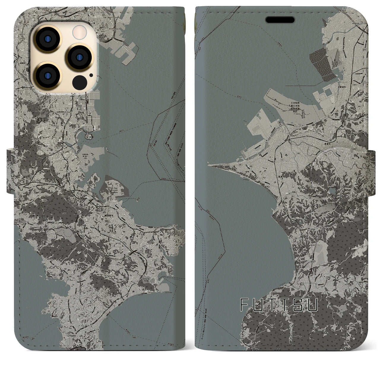 【富津(千葉県)】地図柄iPhoneケース(手帳タイプ)モノトーン・iPhone 12 Pro Max 用