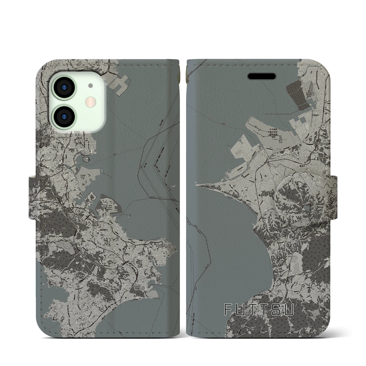 【富津(千葉県)】地図柄iPhoneケース(手帳タイプ)モノトーン・iPhone 12 mini 用