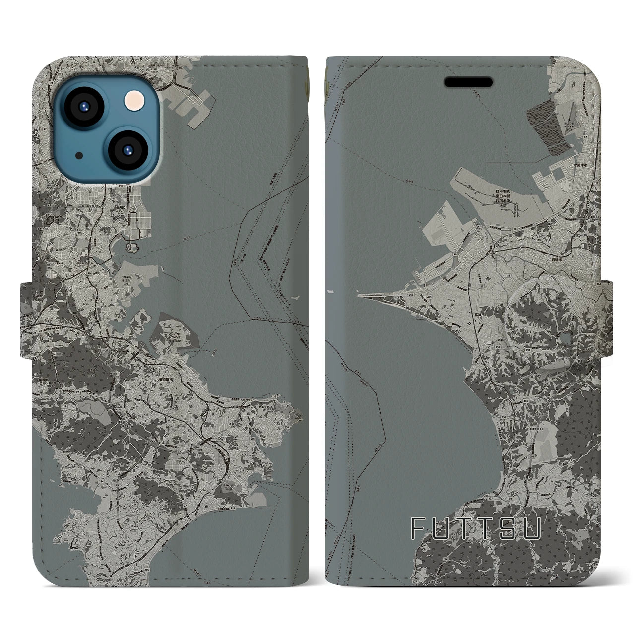 【富津(千葉県)】地図柄iPhoneケース(手帳タイプ)モノトーン・iPhone 13 用