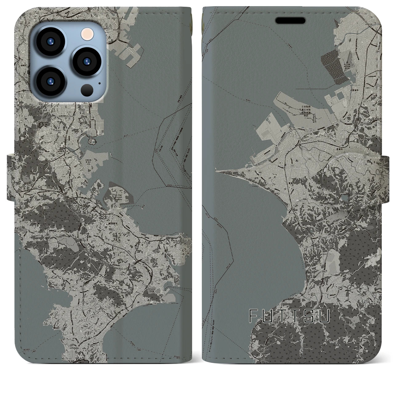 【富津(千葉県)】地図柄iPhoneケース(手帳タイプ)モノトーン・iPhone 13 Pro Max 用