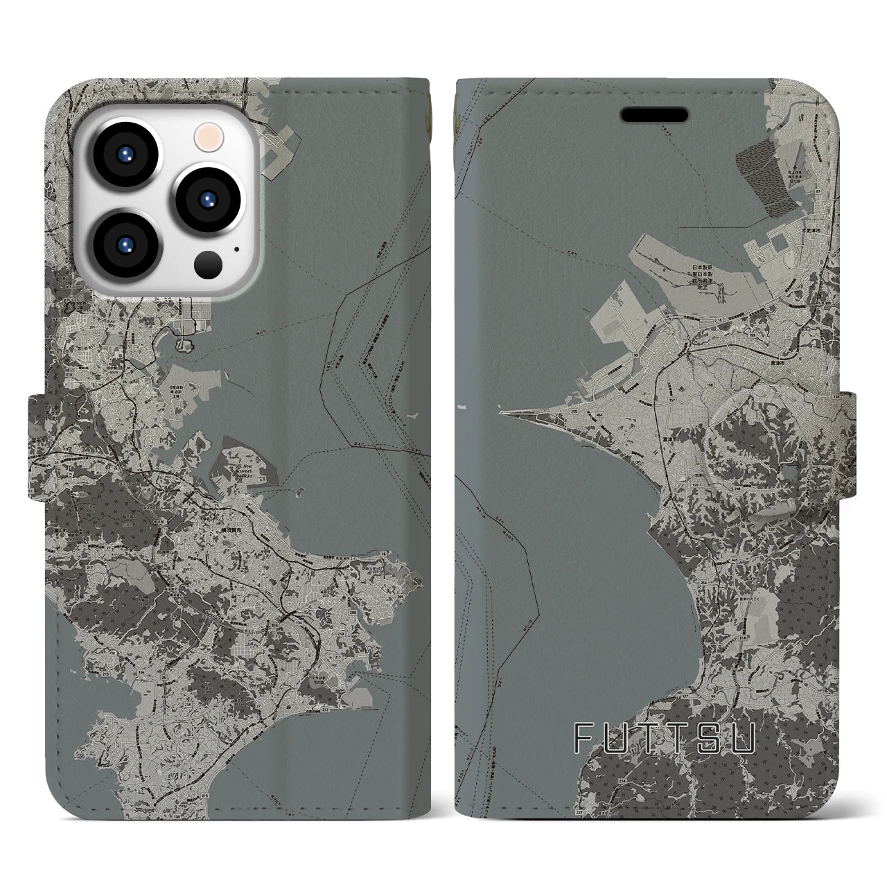 【富津(千葉県)】地図柄iPhoneケース(手帳タイプ)モノトーン・iPhone 13 Pro 用