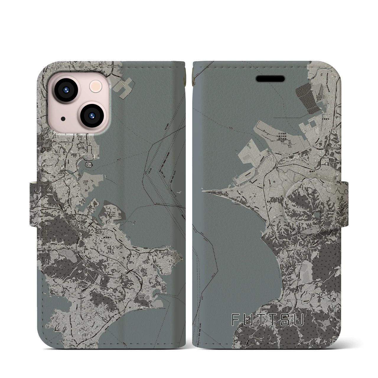 【富津(千葉県)】地図柄iPhoneケース(手帳タイプ)モノトーン・iPhone 13 mini 用