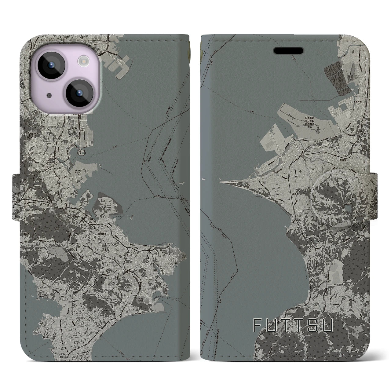 【富津(千葉県)】地図柄iPhoneケース(手帳タイプ)モノトーン・iPhone 14 用