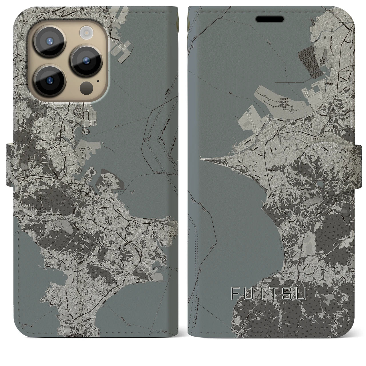 【富津(千葉県)】地図柄iPhoneケース(手帳タイプ)モノトーン・iPhone 14 Pro Max 用