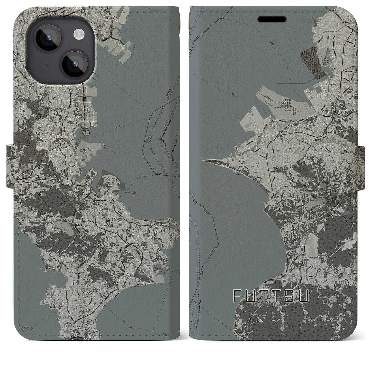 【富津(千葉県)】地図柄iPhoneケース(手帳タイプ)モノトーン・iPhone 14 Plus 用