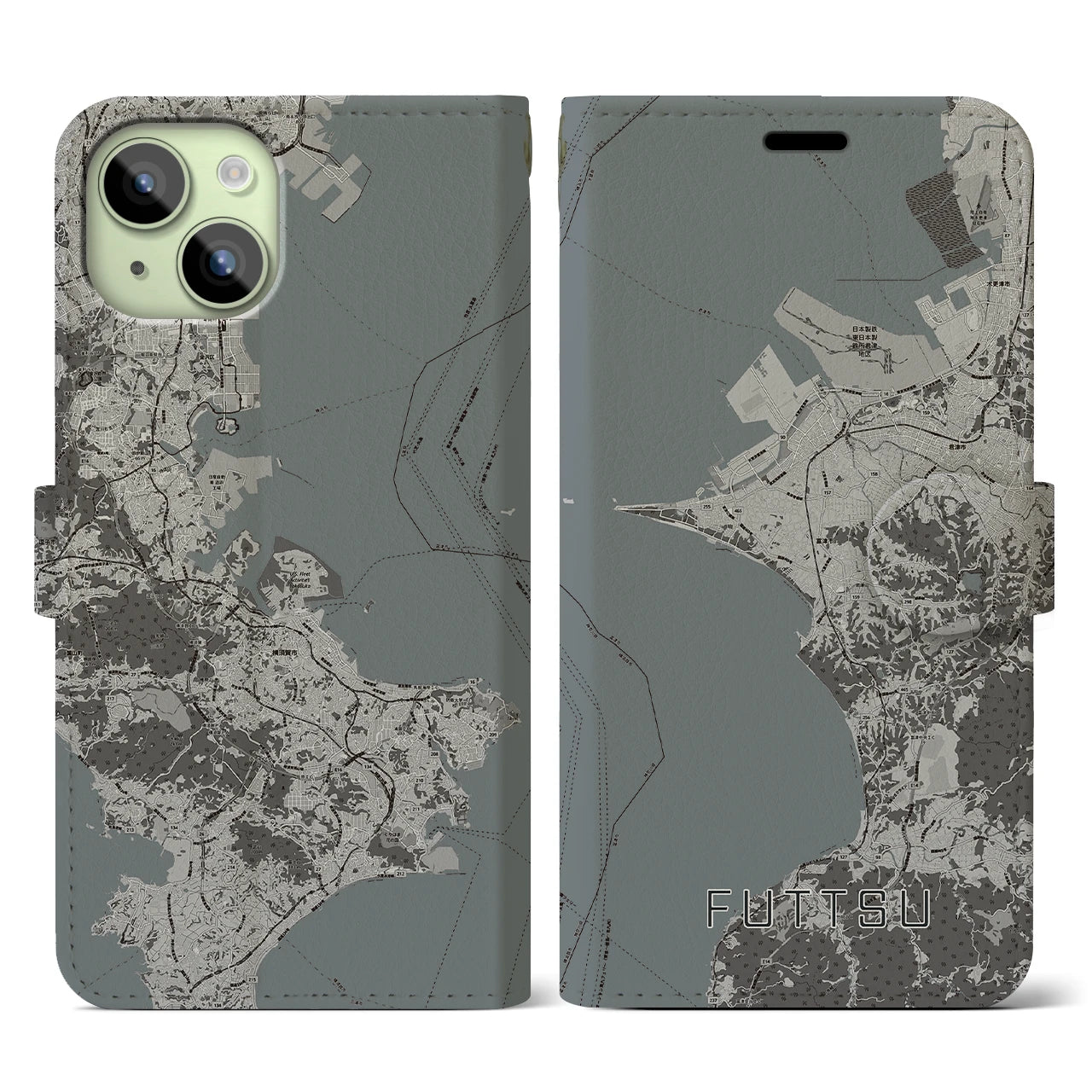 【富津(千葉県)】地図柄iPhoneケース(手帳タイプ)モノトーン・iPhone 15 用